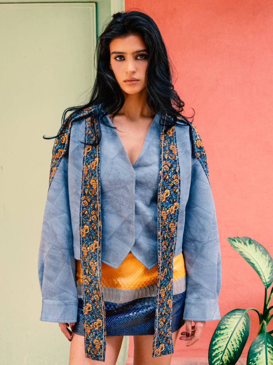 Floral Panel Leather Jacket